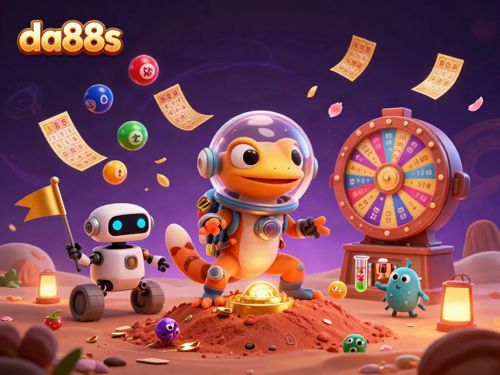 Experience winning excitement at da88s with a Martian gecko exploring a golden casino bursting with game elements.