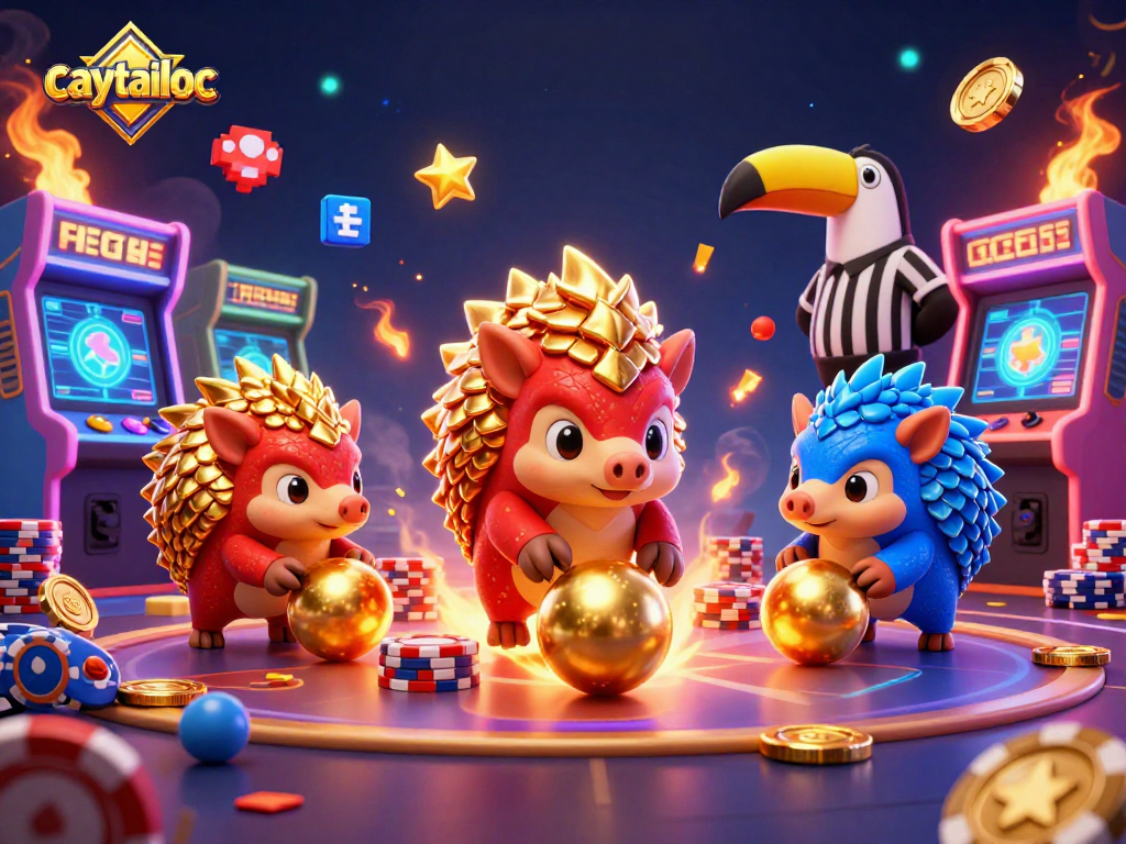 Experience the excitement of caytailoc as vibrant pangolins roll through golden stacks and poker chips in a colorful casino scene.
