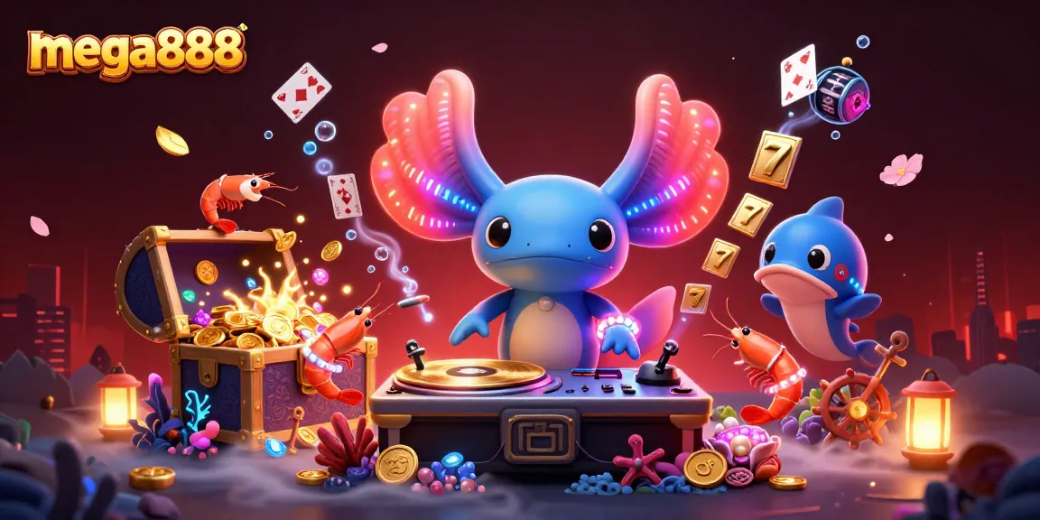 Experience thrilling gameplay with mega888's vibrant 3D illustration featuring fun characters and casino elements.