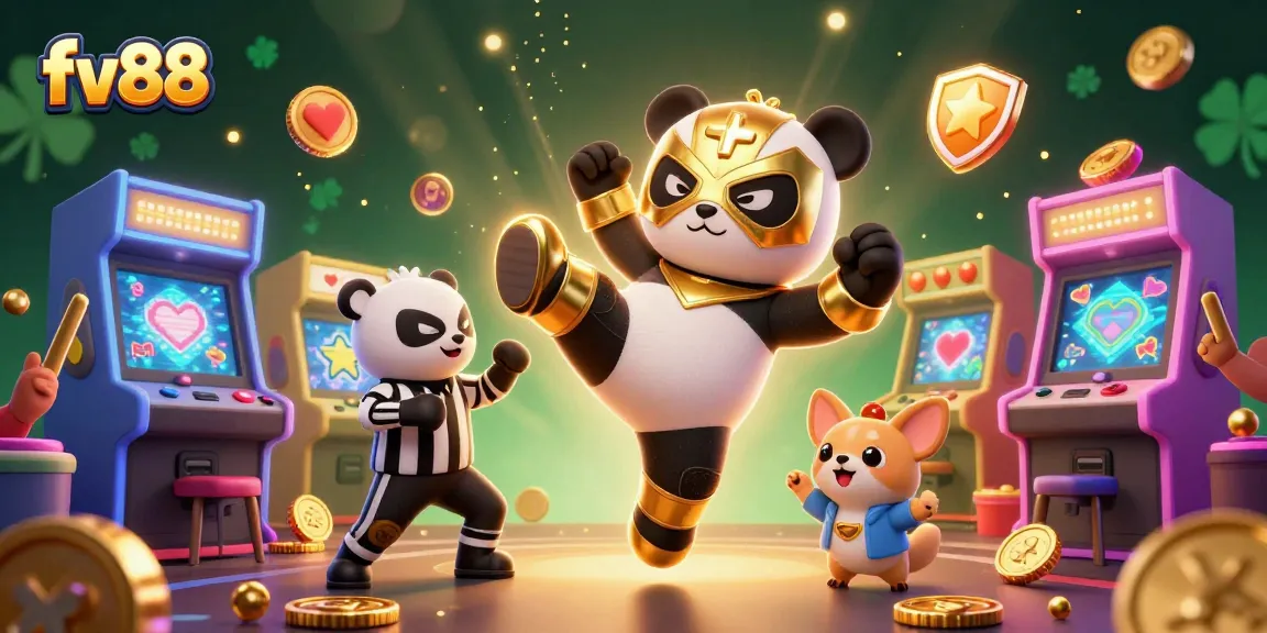 Experience thrilling gameplay at fv88 with a lively scene featuring a panda wrestler, chihuahua referee, and animated spectators.