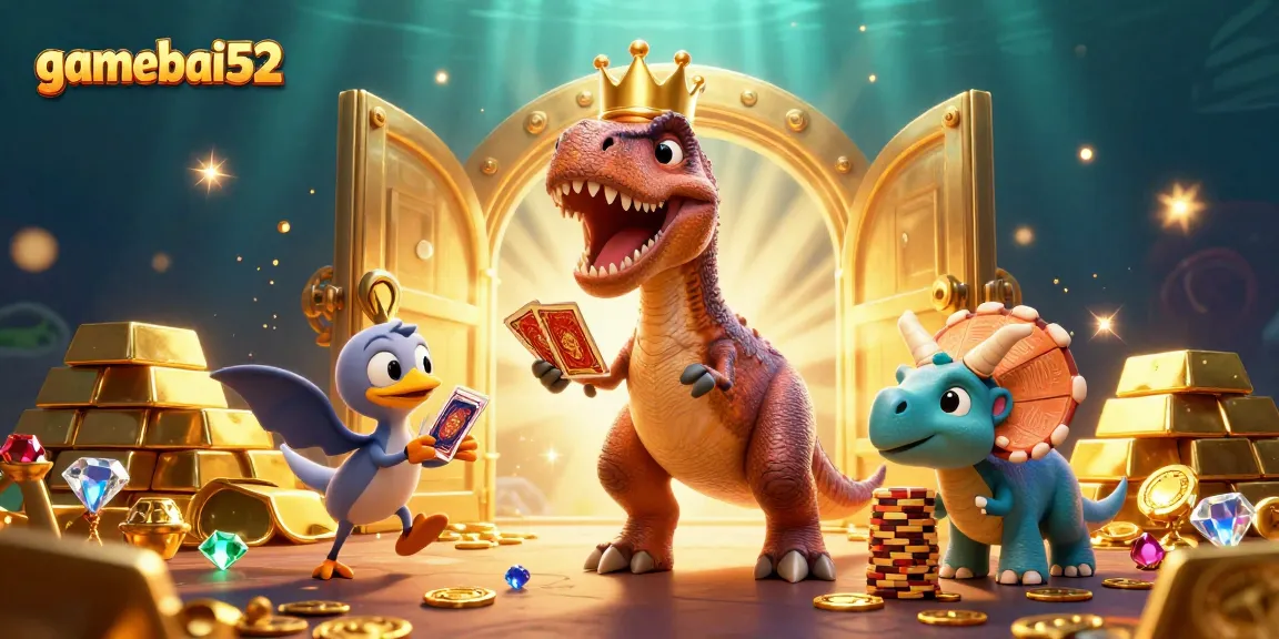 Experience thrilling card play with gamebai52 featuring fun dino characters and golden treasures!