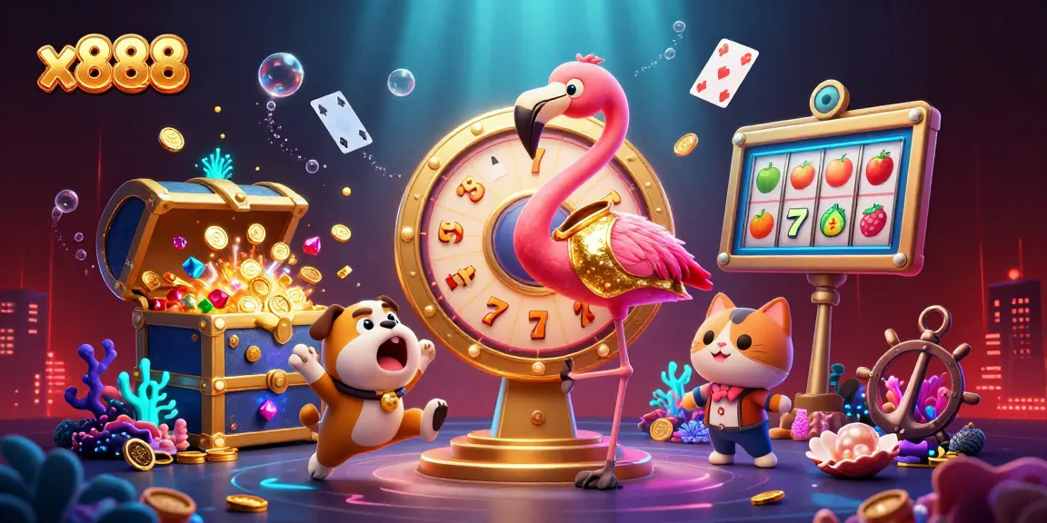 x888 presents a vibrant 3D casino scene with a flamingo host and prizes in a jackpot atmosphere.
