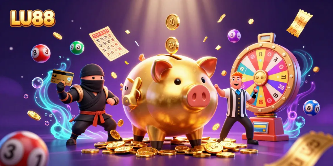 LU88 showcases a vibrant 3D casino scene with a golden piggy bank sumo wrestler and dynamic lottery elements.