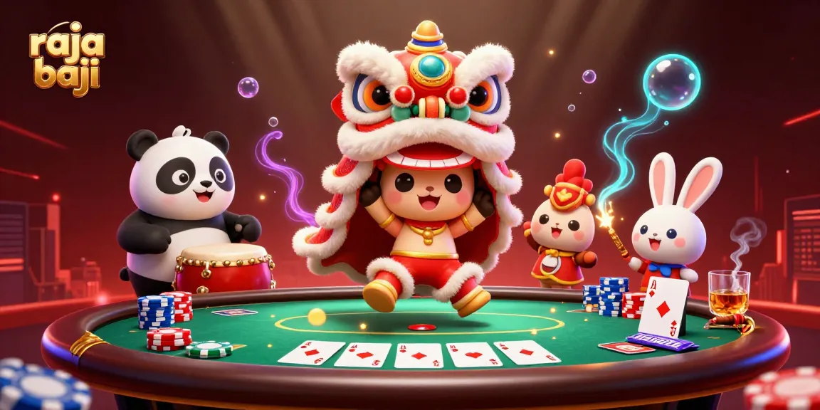 Experience the thrill of raja baji with vibrant casino action featuring a lively lion dance and poker elements.