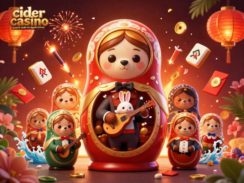 Cider casino reward code no deposit bonus illustration featuring a whimsical scene with a Russian Matryoshka bear and casino elements.
