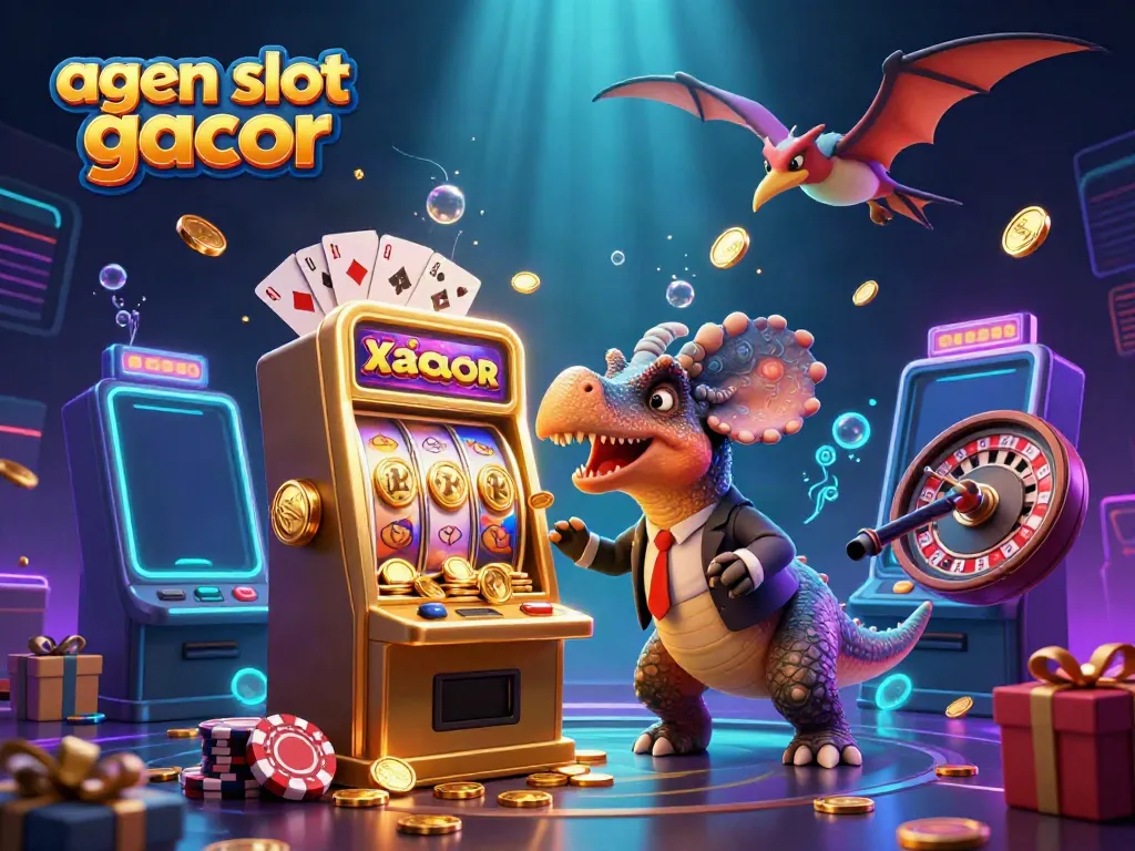Experience excitement with agen slot gacor as dinosaurs engage with a golden slot machine and flying coins.