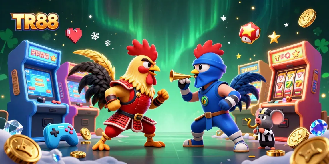 TR88 fighting roosters face-off amid vibrant casino elements for thrilling gaming action.