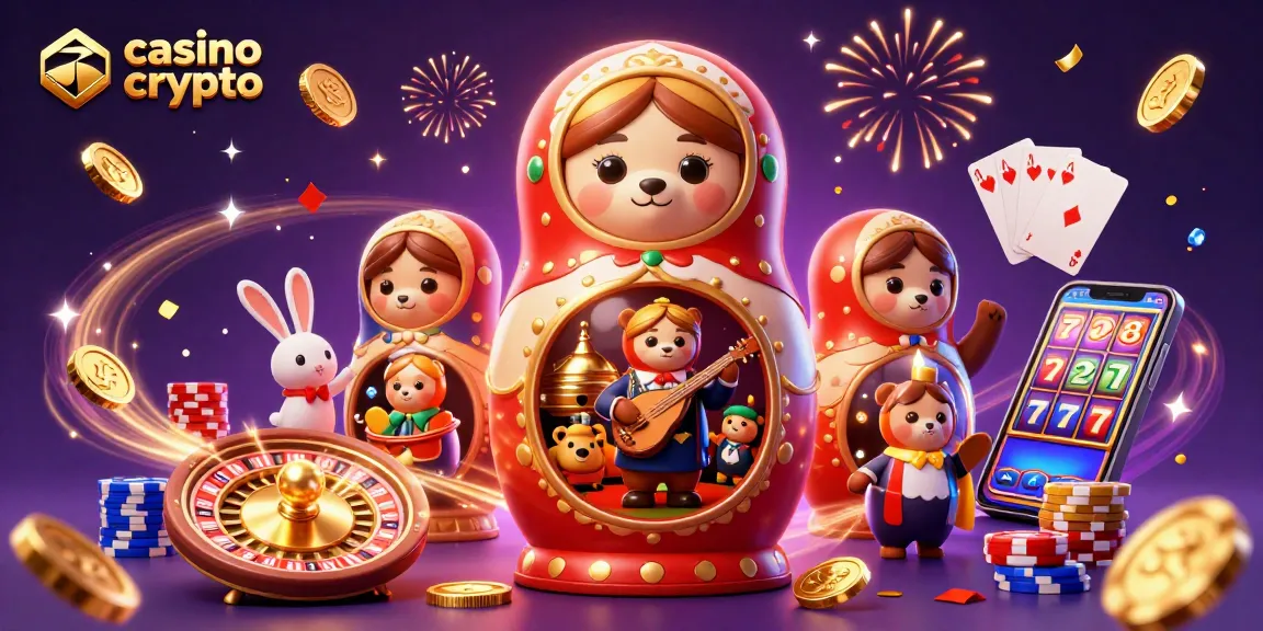 Una colorida ilustración de casino crypto con osos matryoshka y elementos de juego vibrantes.