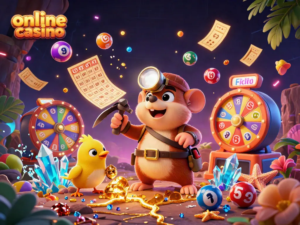 Engage in the online casino experience with vibrant dynamic lottery elements and cartoon characters.