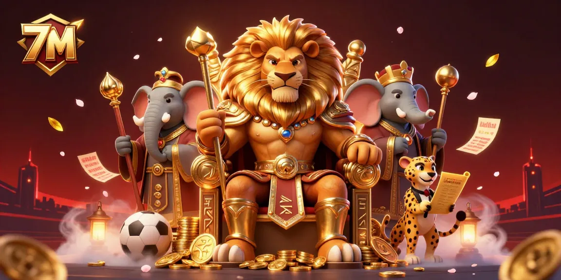 Engage with 7M, where a lion king overlooks sports betting excitement with a lively backdrop.
