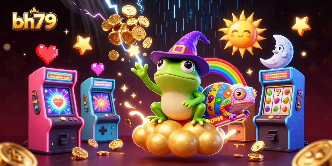 Engage with bh79's thrilling casino adventure featuring a wizard frog and chameleon amidst golden coins.