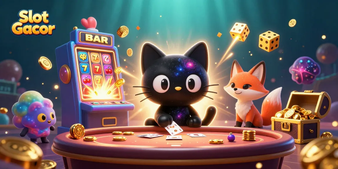Menang Slot Gacor dengan kucing hitam berbintang di meja kasino mengumpulkan chip emas.