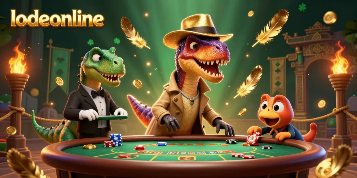 Experience the excitement of lodeonline with a velociraptor card counter and unique characters in a vibrant casino scene.