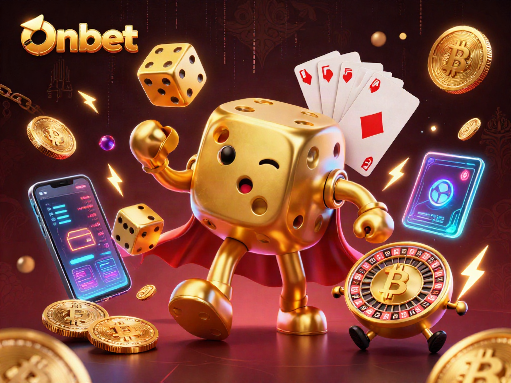 Experience gaming excitement with Onbet's vibrant 3D casino illustration showcasing unique characters and crypto elements.