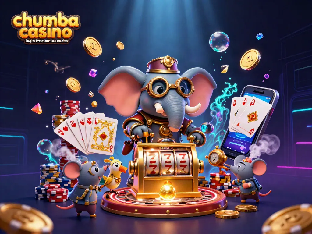 Play with chumba casino login free bonus codes amidst 3D vibrant casino elements and animated characters.