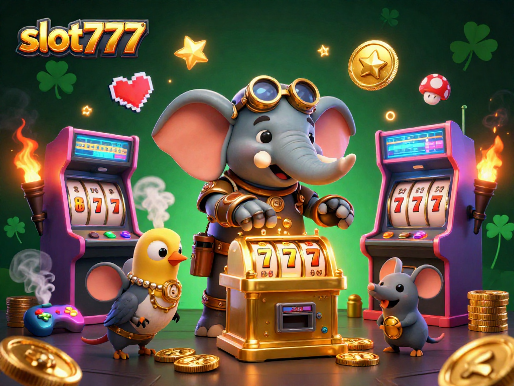 Experience the thrill at slot777 with a cartoon elephant operating a dazzling golden slot machine.