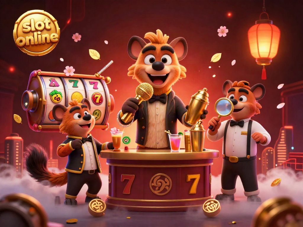 Enjoy slot online action with lively comedians and sparkling slot machines in this vibrant casino scene.