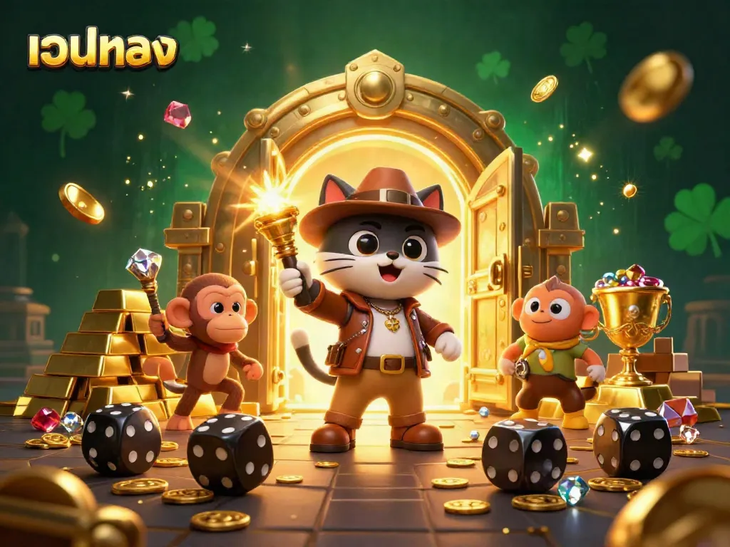 Experience exciting เว็บตรง casino adventures with a 3D cartoon archaeologist cat and treasure elements.