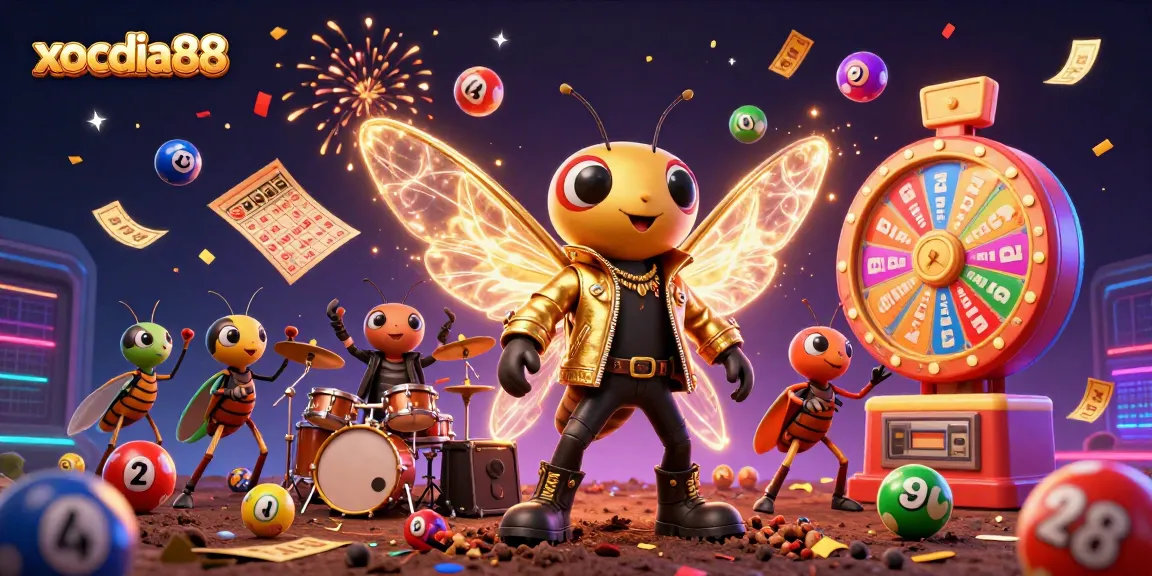 Xocdia88 engages players with a vibrant scene featuring a rock star cicada, dynamic casino elements, and celebratory atmosphere.