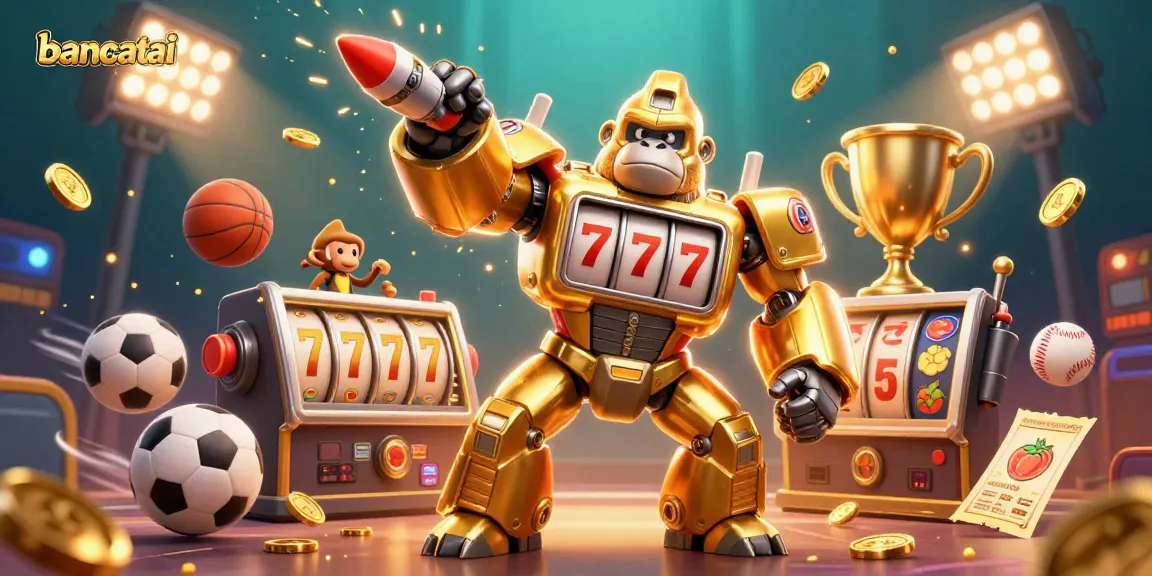 Bancatai features a dynamic illustration of a golden gorilla mech and sports elements showcasing thrilling online casino excitement.