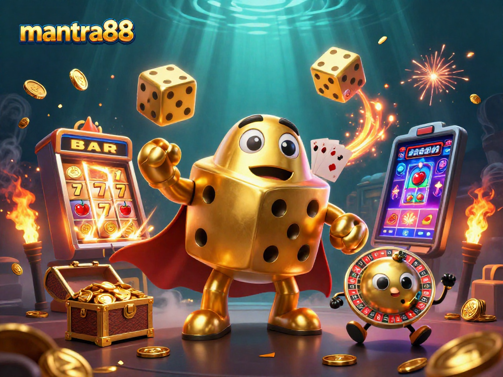 Unleash your luck at mantra88 with golden dice and a jackpot explosion in this vibrant casino scene.