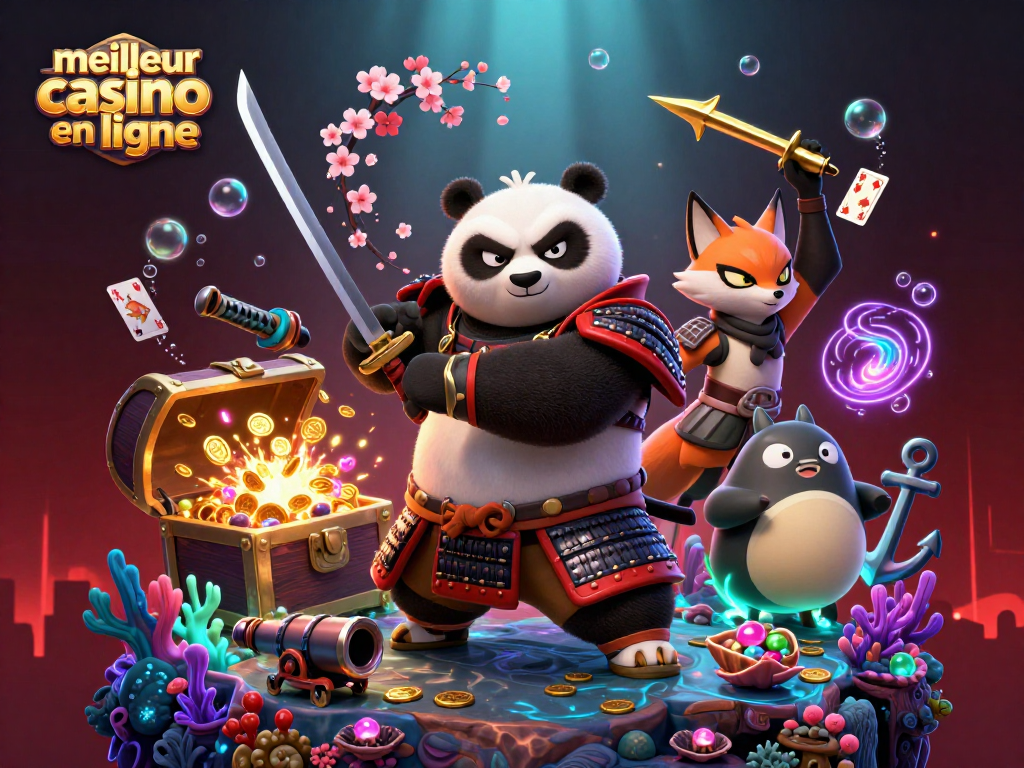 Jouer au meilleur casino en ligne avec des personnages et des éléments de jeu captivants dans une scène animée.