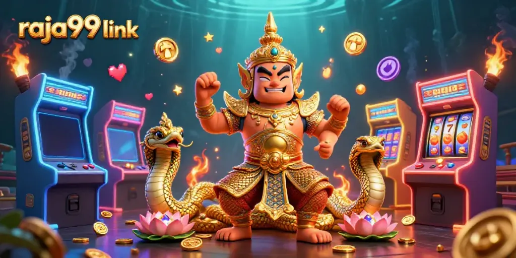 Spin for jackpots with raja99 link in this vibrant, dynamic 3D casino scene.