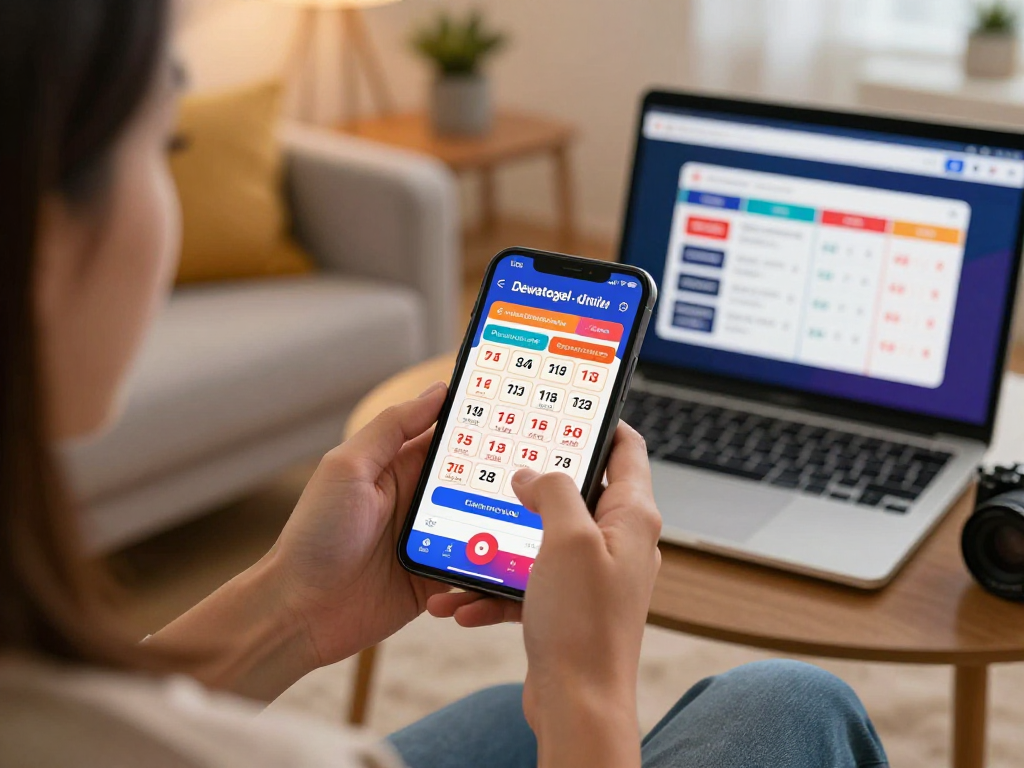 Dewatogel user enjoying a vibrant online lottery experience in a cozy setting.