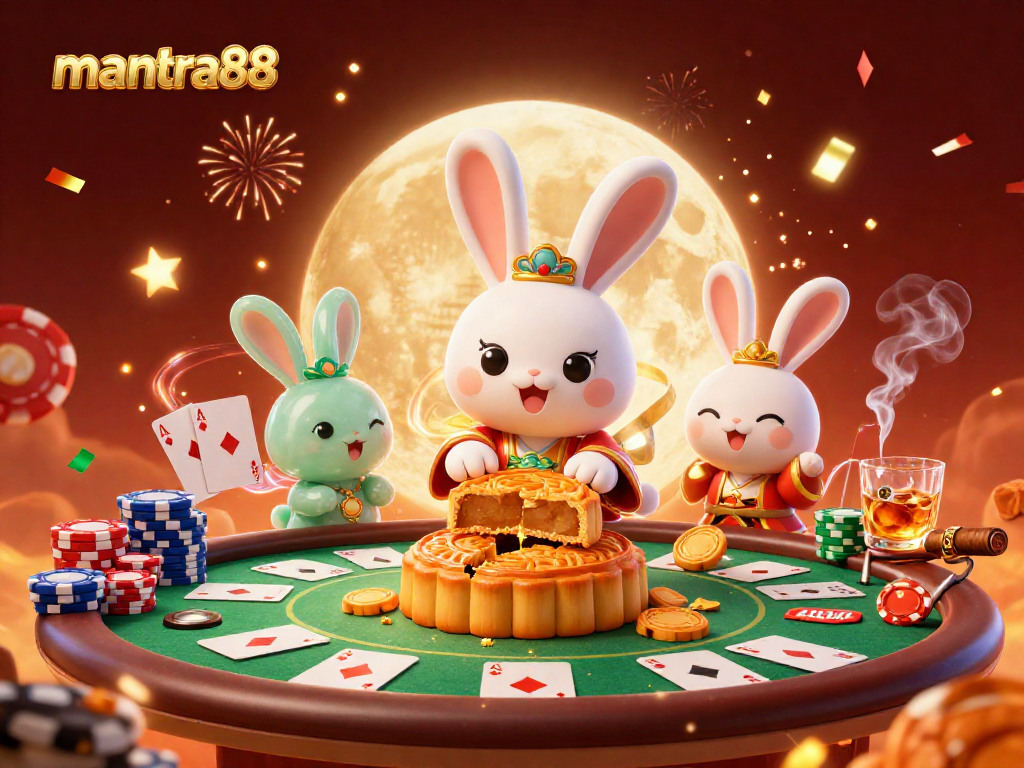 Experience excitement with mantra88 as the moon rabbit plays poker amidst dazzling casino elements.