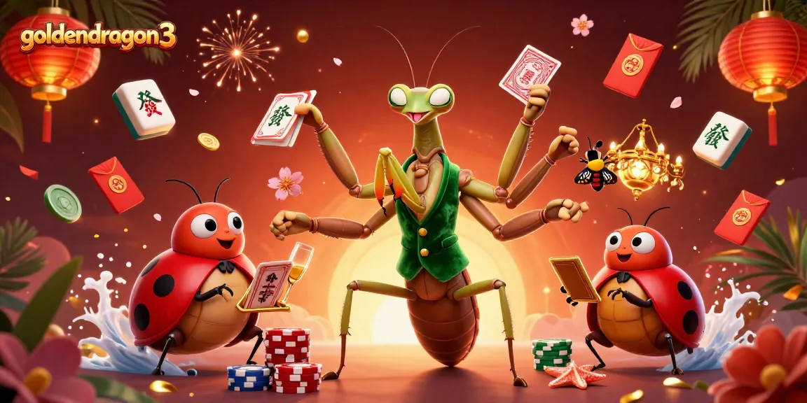Join the excitement at goldendragon3 as the giant mantis deals cards in a vibrant casino scene.