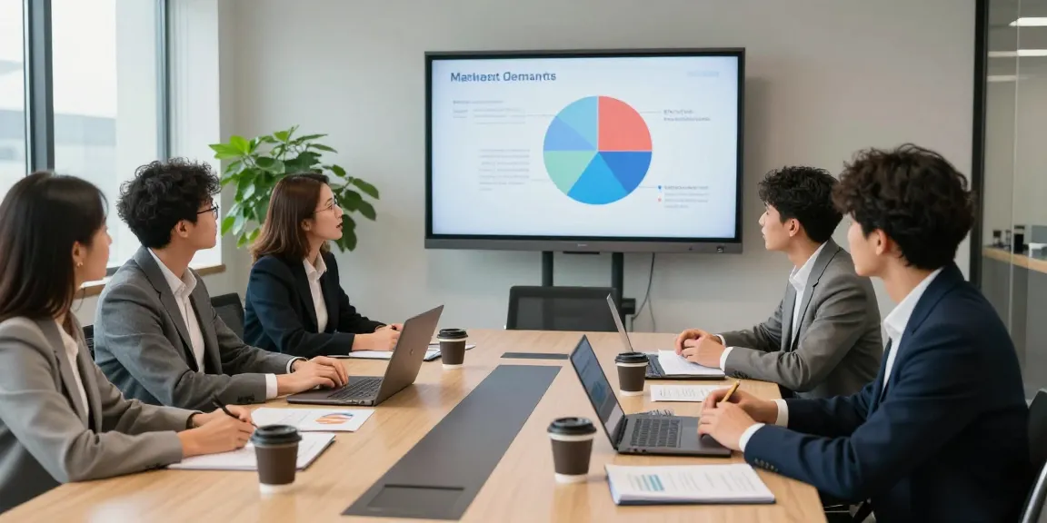 Meeting scene showing professionals discussing business due diligence in a modern conference room with market analysis data.
