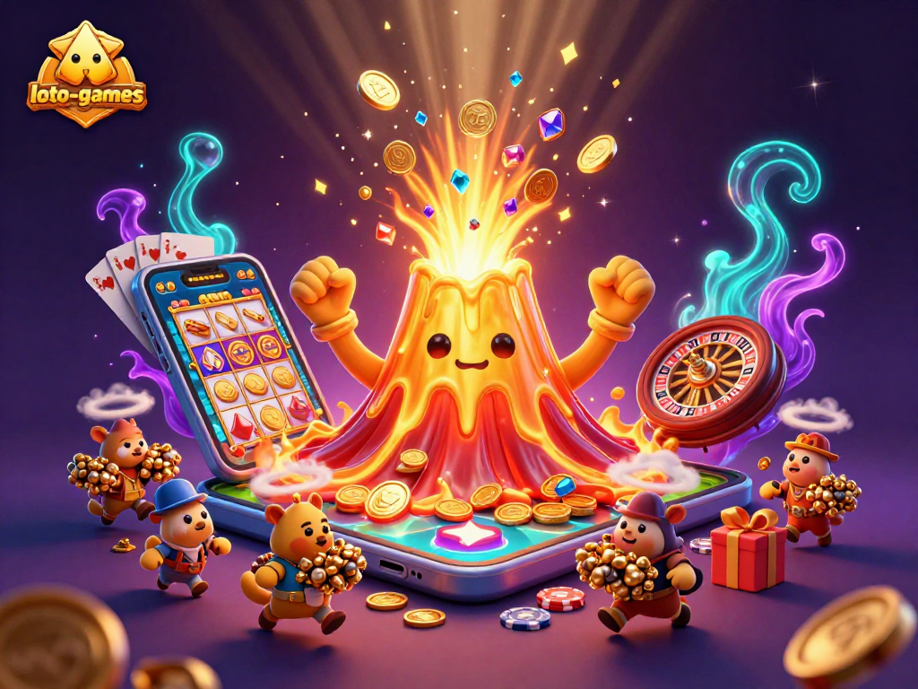 Experience thrilling action at loto-games with a golden volcano erupting treasure and lively gaming elements.