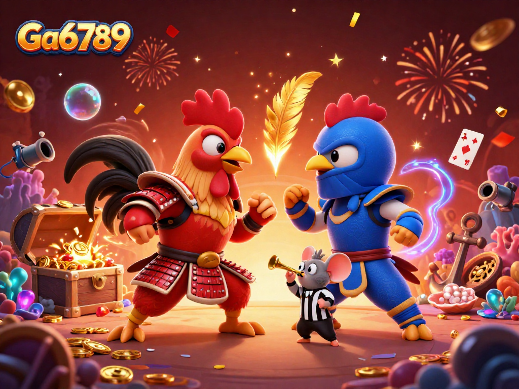 Ga6789 showcases an epic showdown between cartoon roosters in a vibrant casino arena.