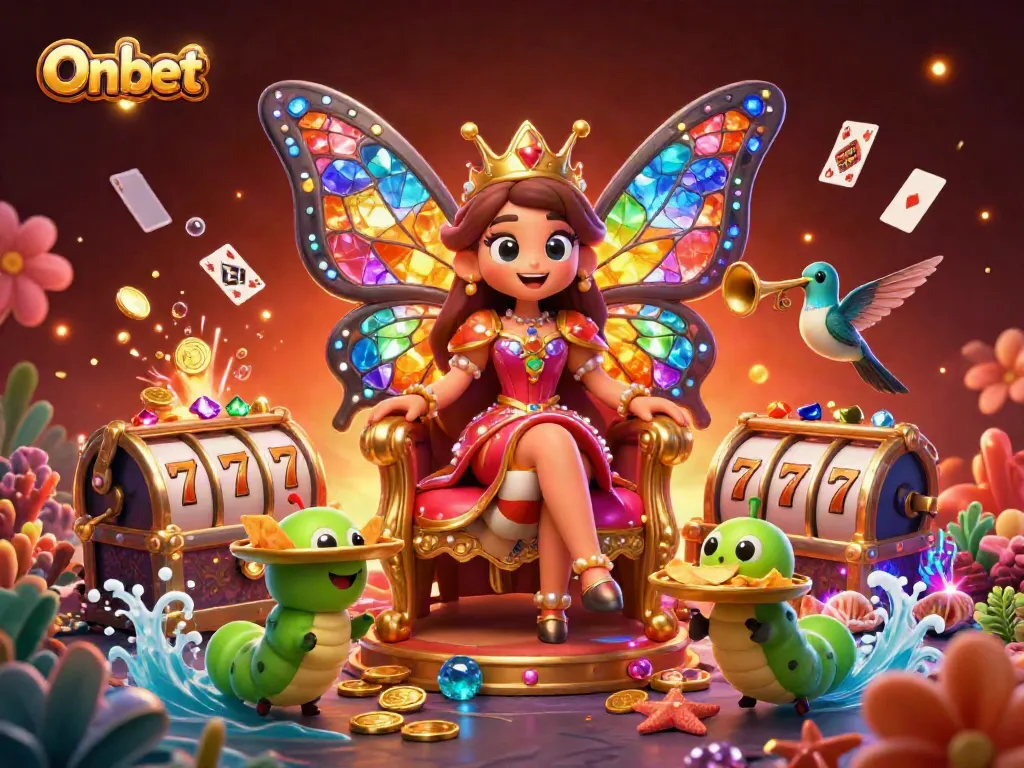 Experience Onbet's vibrant casino atmosphere with a butterfly queen, gold coins, and slot elements in 3D.