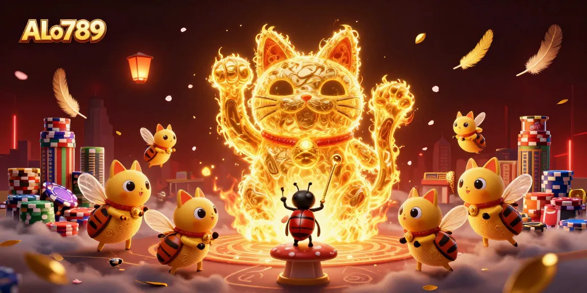ALo789 engages players with an animated illustration of a lucky cat and fiery arena atmosphere.