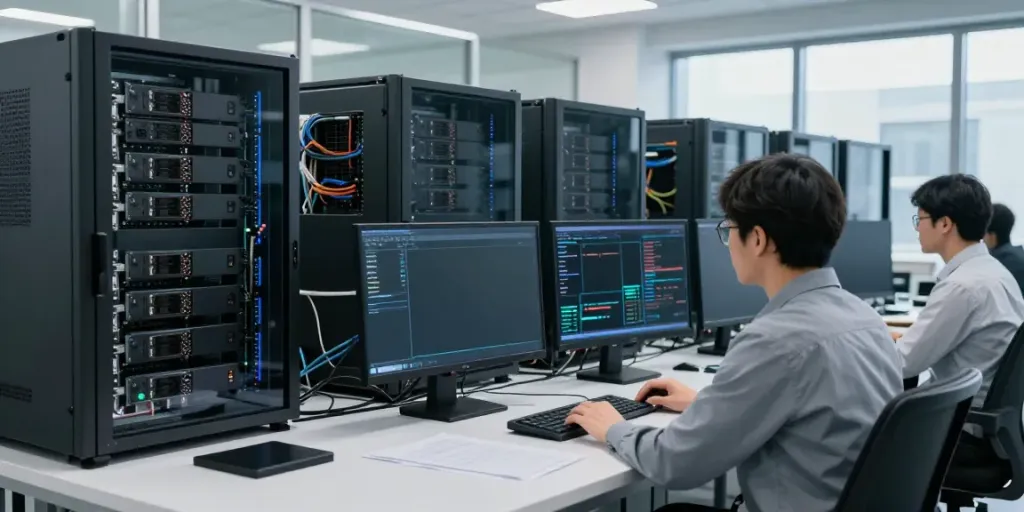 Engineer analyzing GPU computing performance metrics in a high-tech AI infrastructure environment.