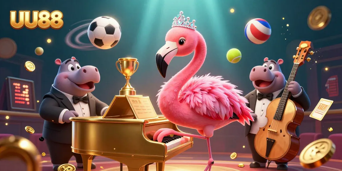 Experience thrilling gameplay with UU88 in a vibrant casino scene featuring musical characters and dynamic sports elements.