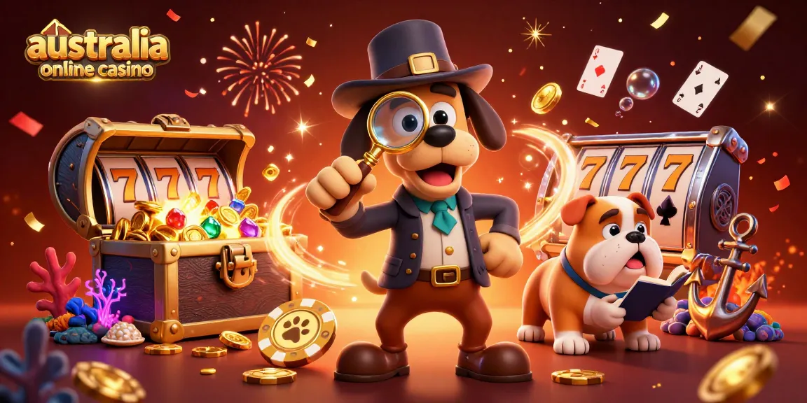 Discover the excitement at australia online casino with 3D detective characters examining poker clues and vibrant game elements.