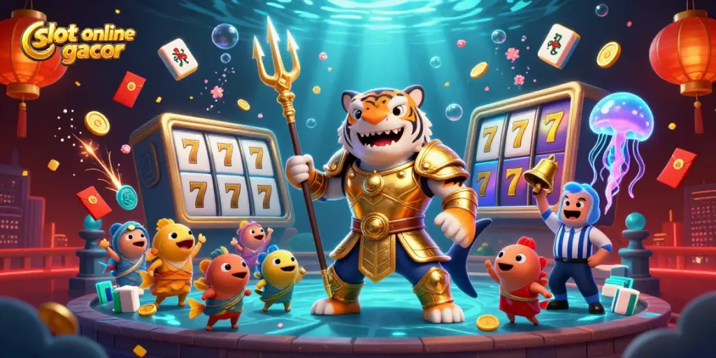 Join in on the excitement of slot online gacor with a dynamic underwater scene featuring a golden gladiator tiger shark.