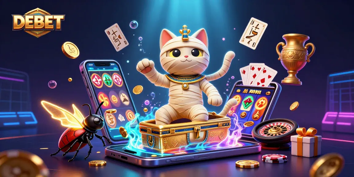 DEBET showcases an Egyptian mummy cat and a scarab beetle in a vibrant casino scene