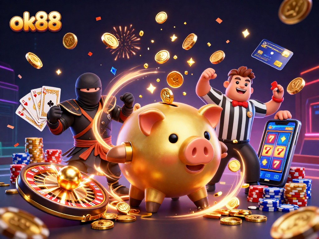 Join the excitement at ok88 with a dynamic casino scene featuring thrilling characters and golden rewards.