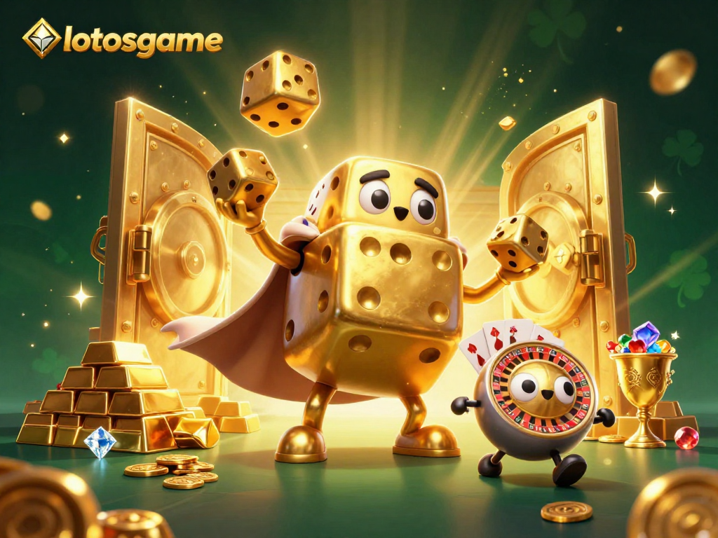 Engage with lotosgame's vibrant gaming scene featuring a golden dice golem juggling riches.