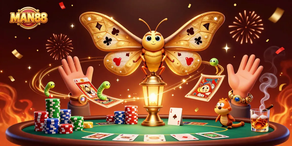 Join the excitement at MAN88 with vibrant poker action illuminated by a majestic moth!