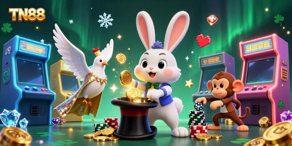 Experience the magic and excitement at TN88 with a vibrant scene of playful characters and gaming elements.