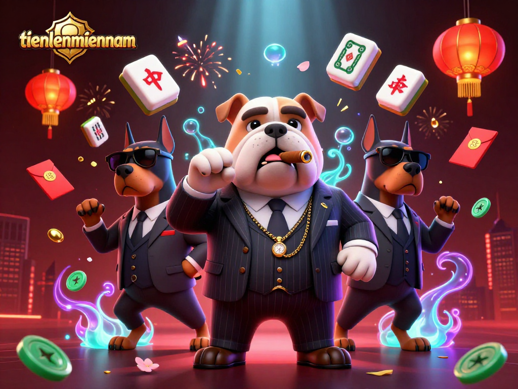 Engage in thrilling gameplay with tienlenmiennam featuring a mafia boss bulldog and Dobermans in an action-packed casino scene.