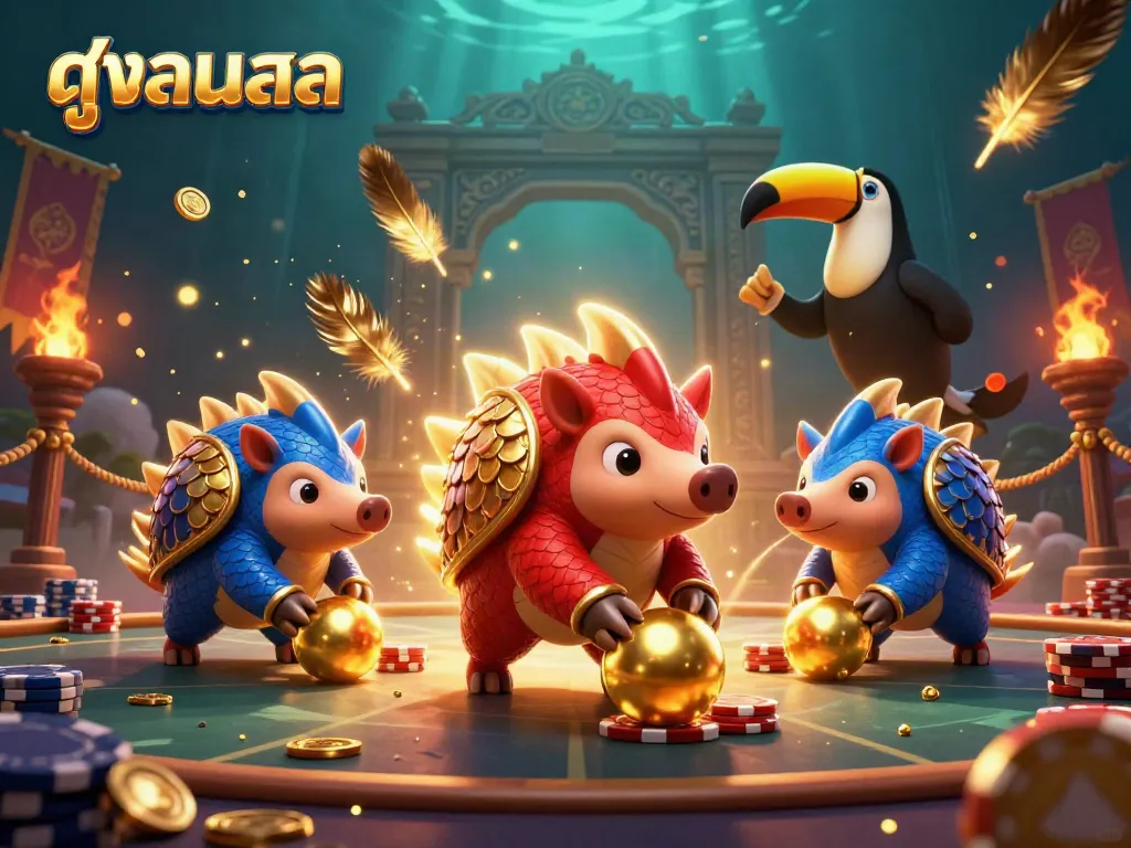 Experience a thrilling scene of watching ดูบอลสด with dynamic pangolin characters and vibrant gambling elements.