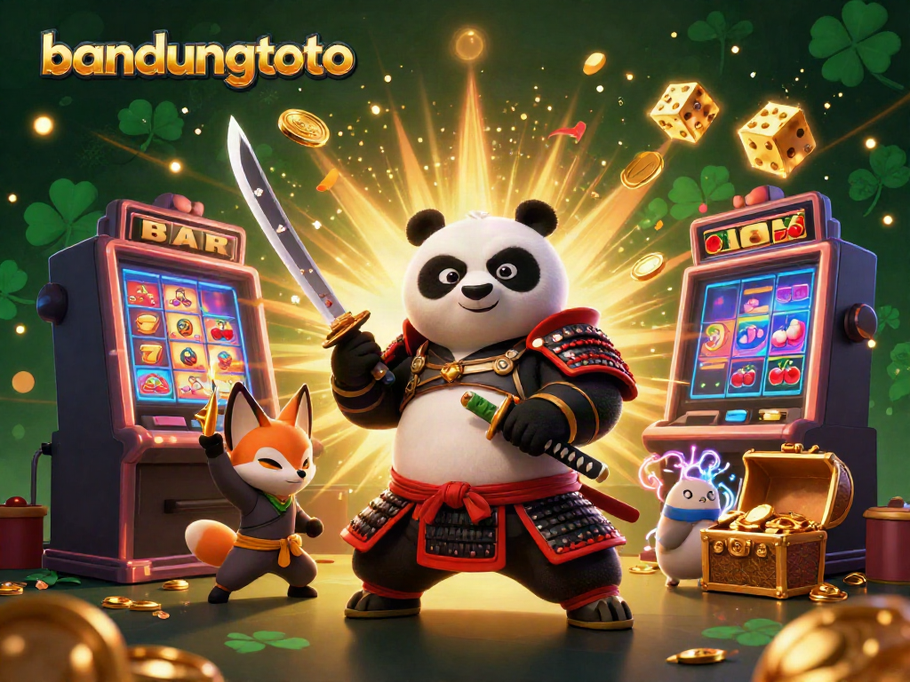 Experience the thrill of gaming at bandungtoto with an epic casino illustration featuring samurai panda and ninja fox.