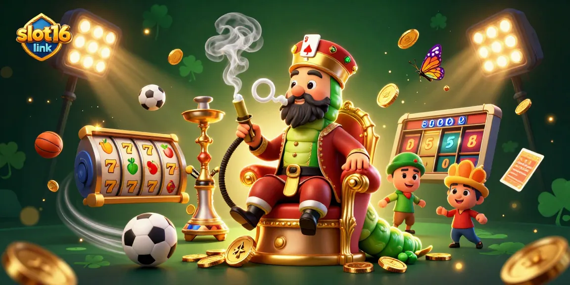Engage with slot16 link through a vibrant scene featuring a caterpillar casino master and animated slot elements.
