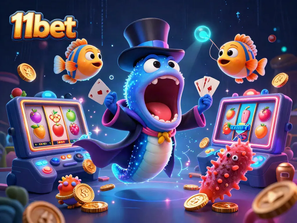 Engage with 11bet's thrilling casino experience through vibrant slot visuals and animated characters.