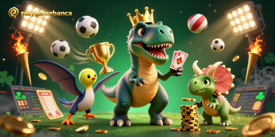 Engage in exciting games at playgamebanca as a T-Rex shuffles cards with a pterodactyl in a colorful casino.